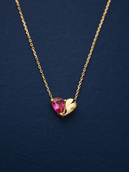 14 Ayar Kırmızı Taşlı Kalp Kolye