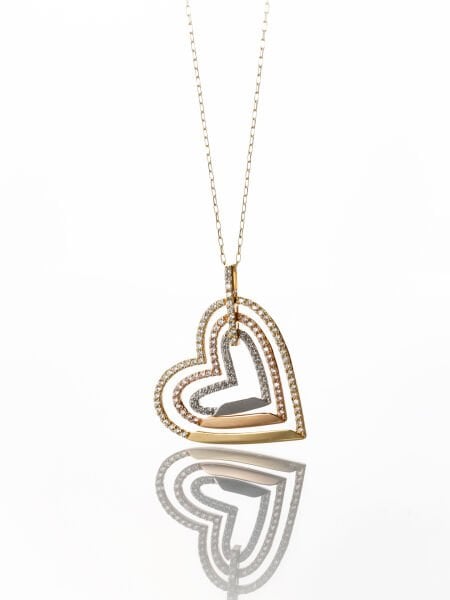 14 Ayar Üç Renkli Taşlı Kalp Kolye